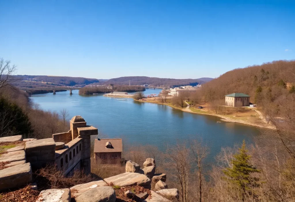 Historic view of South Knoxville along the Tennessee River with marble quarry remnants.