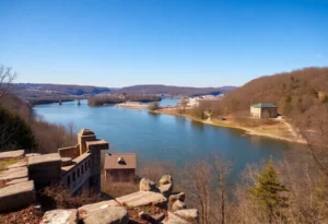 Historic view of South Knoxville along the Tennessee River with marble quarry remnants.