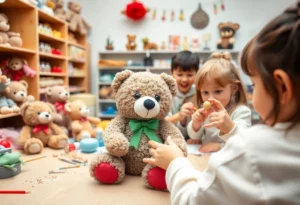 A child crafting a bear in a toy workshop