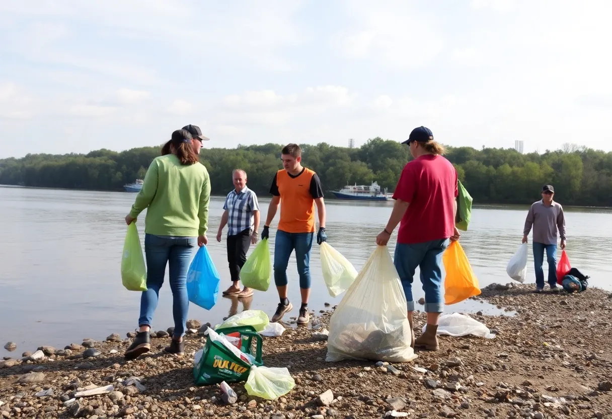 Volunteers cleaning trash from the Tennessee River