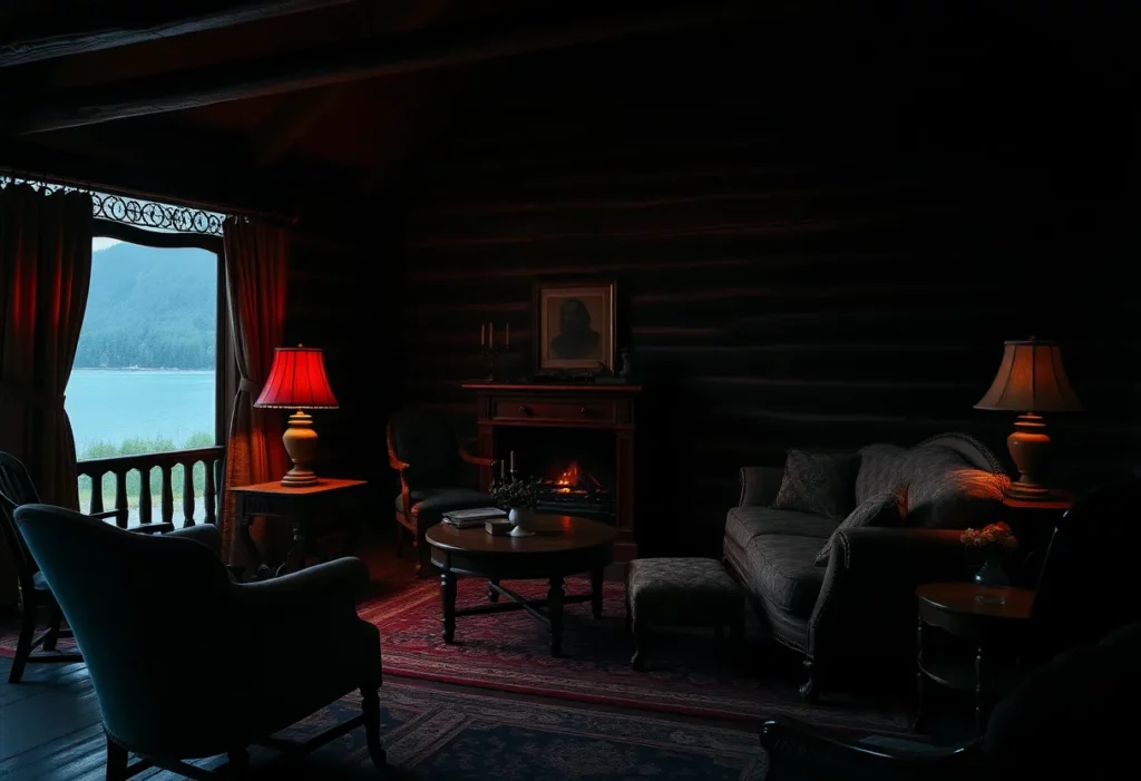 Scene from The Birds play featuring a rustic cabin