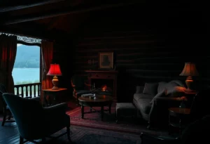 Scene from The Birds play featuring a rustic cabin