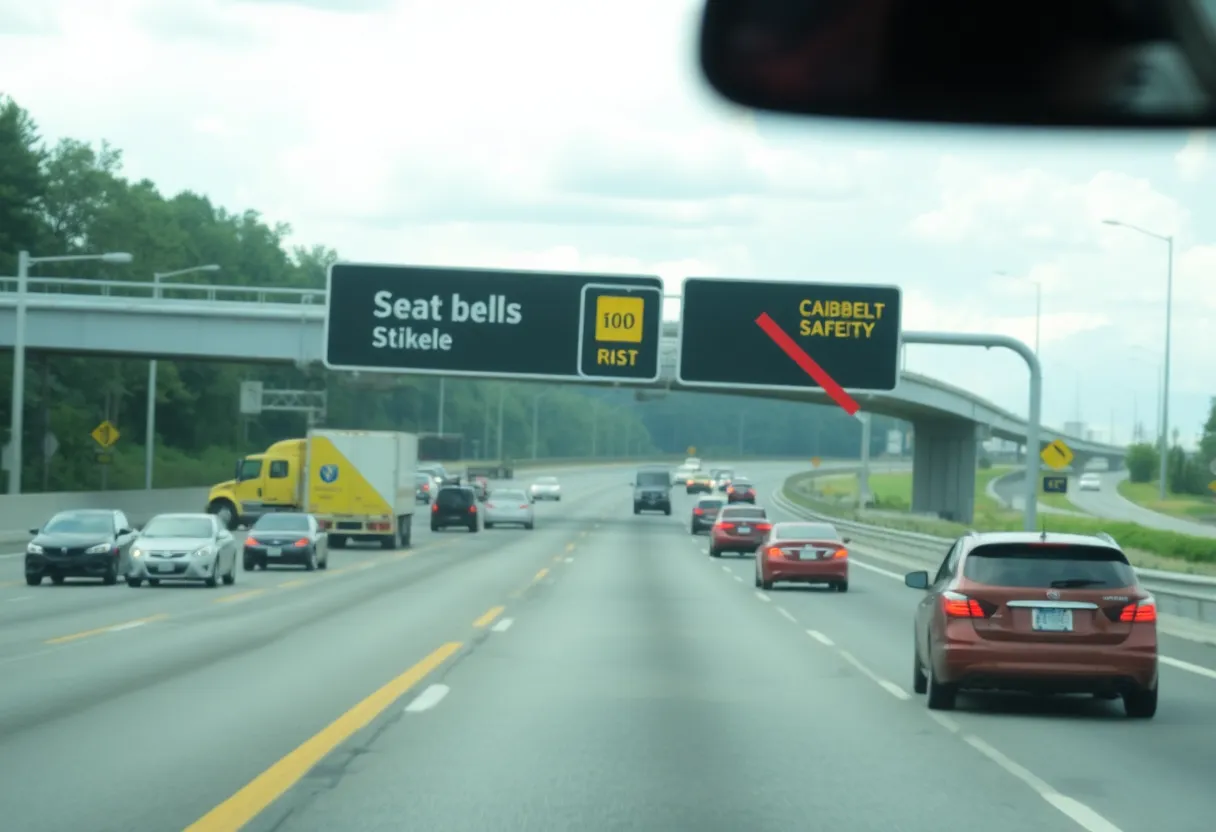 Image showing an interstate road with caution signs and vehicles, symbolizing traffic safety.