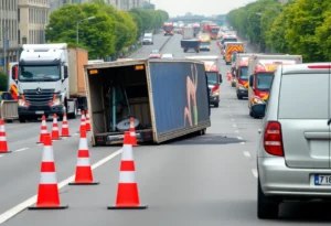Overturned tractor-trailer causing traffic disruption on Pleasant Ridge Road in Knoxville