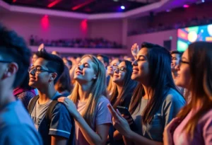 Large crowd of college students at Unite US revival event