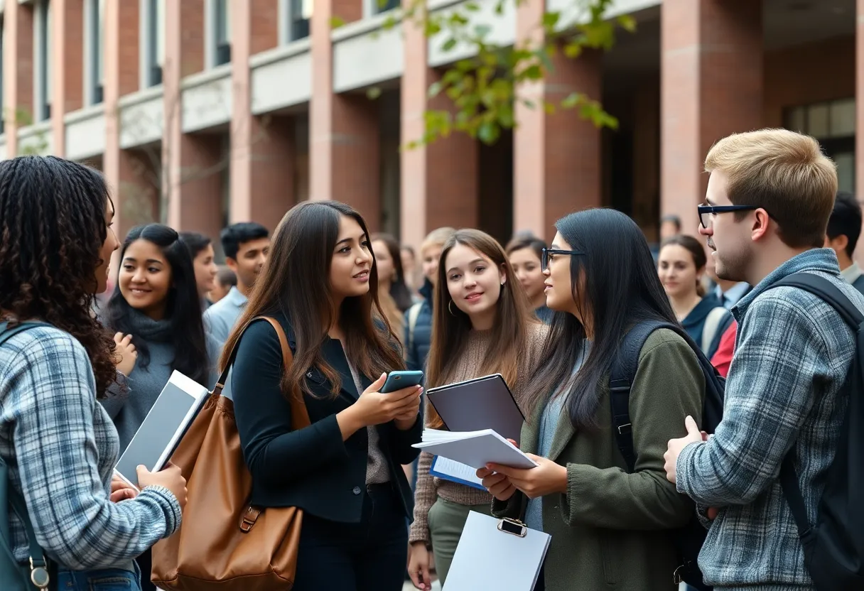 Students discussing on a university campus.