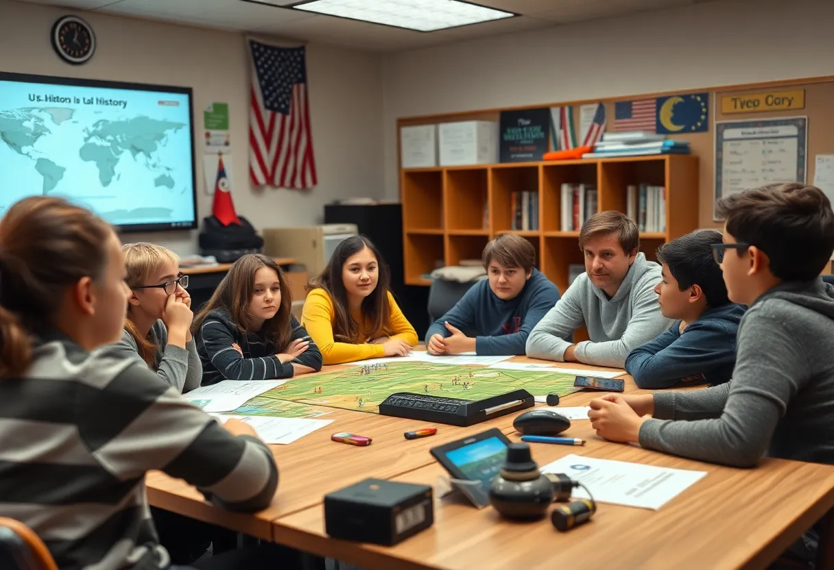 Students in a classroom setting discussing U.S. history through video games.