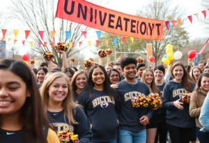 University pep squad celebrating with a fan.