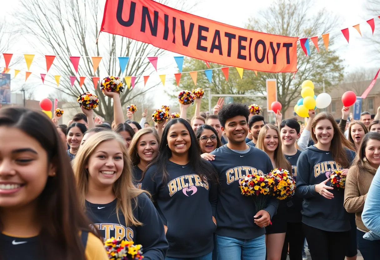 University pep squad celebrating with a fan.