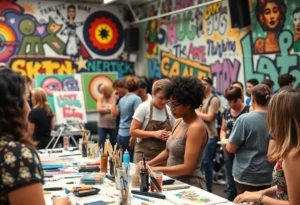 Artists presenting their work in a colorful community art event for LGBTQ+ artists.