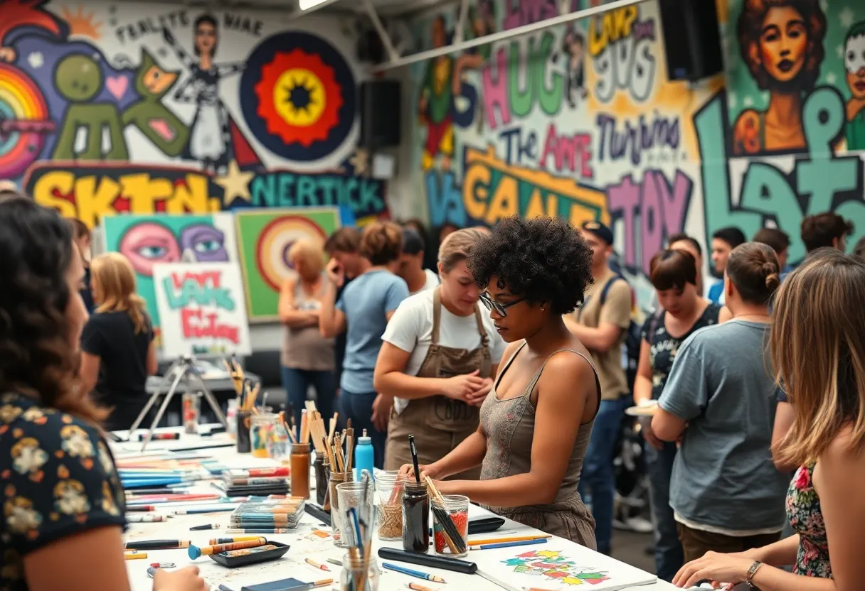Artists presenting their work in a colorful community art event for LGBTQ+ artists.