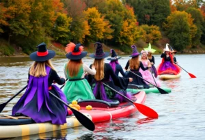Participants in colorful costumes paddleboarding during the Witches Paddle event.