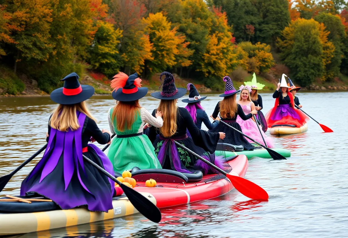 Participants in colorful costumes paddleboarding during the Witches Paddle event.