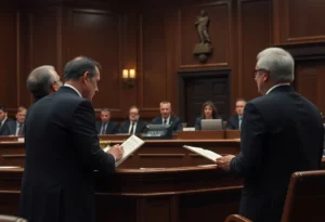 Courtroom depicting a serious case involving a man charged with multiple counts, including homicide.